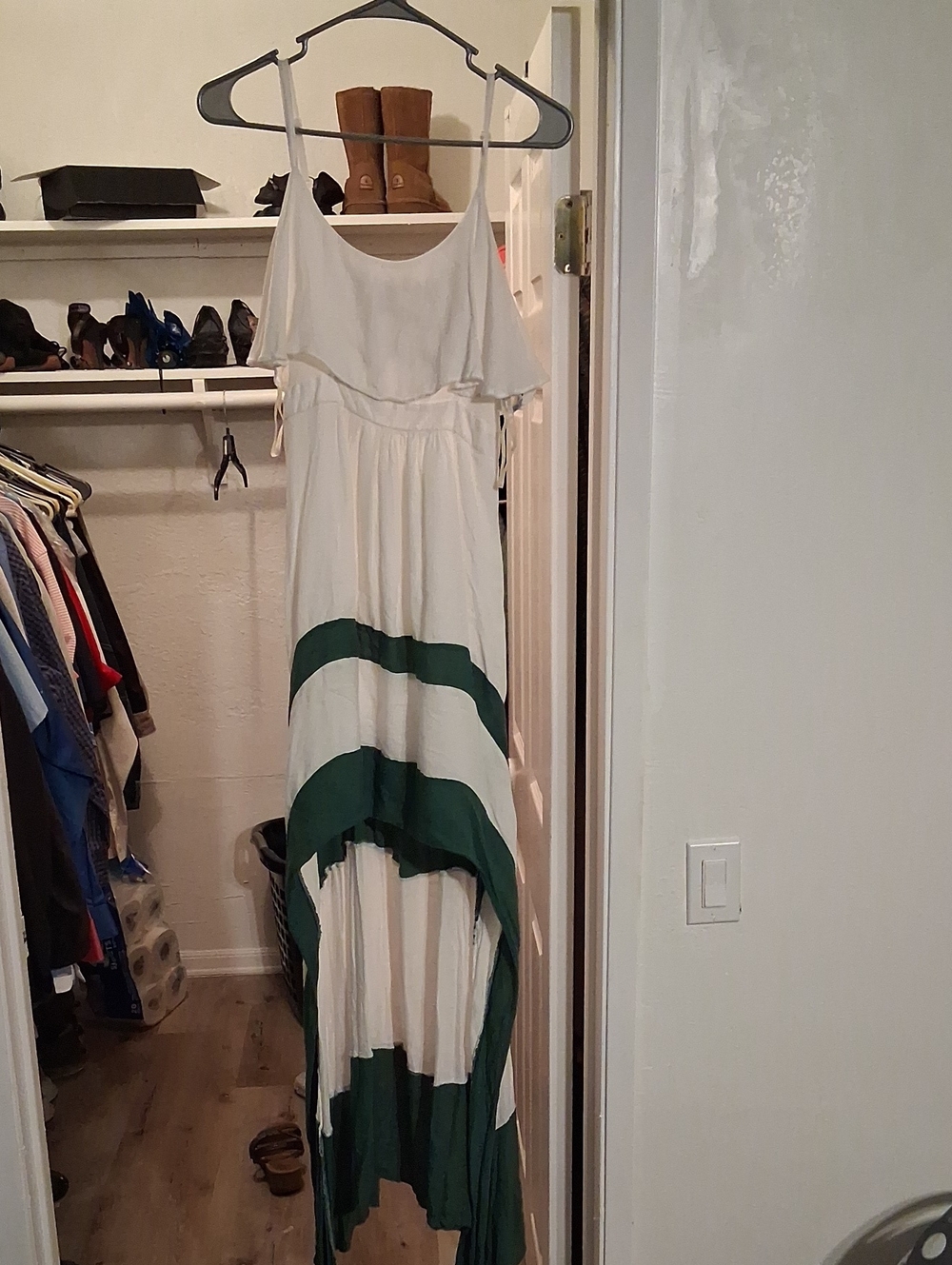 Esley White and Green Striped High-Low Spaghetti Strap Dress - Picture 2 of 6